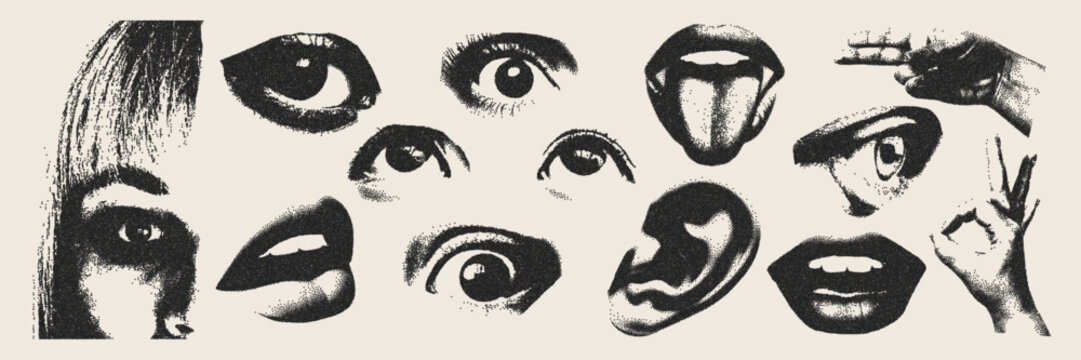  Eyes, lips, and a face with a monochrome effect of grainy halftone and dotted lines.Elements for the design of collages in the grunge-punk style. Vector illustration.