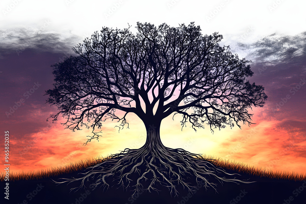 Canvas Prints Tree of life silhouette with roots sketch. Vector illustration design.