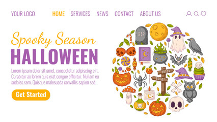 Halloween landing page vector template. Holiday flat illustration, round shape geometric composition with spooky, scary icons. For website, web page, online, banner, party. Autumn october celebration