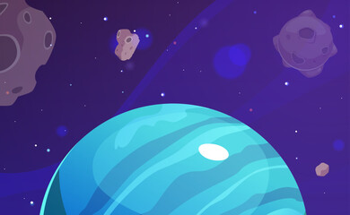 Fantasy space background with blue planet and asteroids.