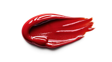 Fototapeta premium Close-up of a red liquid smear on a white background, possibly representing paint, lipstick, or sauce, showcasing smooth and glossy texture.