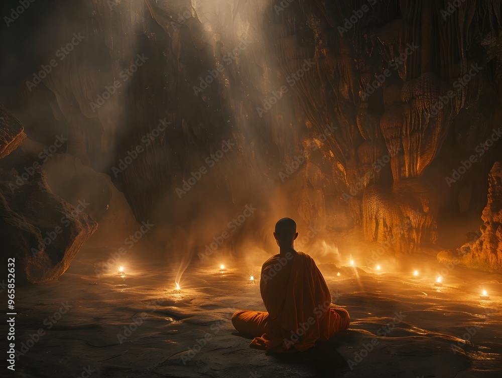Poster monk in deep meditation inside ancient illuminated cave creating mystical and introspective scene