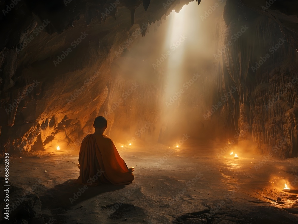 Poster monk in meditative pose illuminated by candlelight in ancient cave