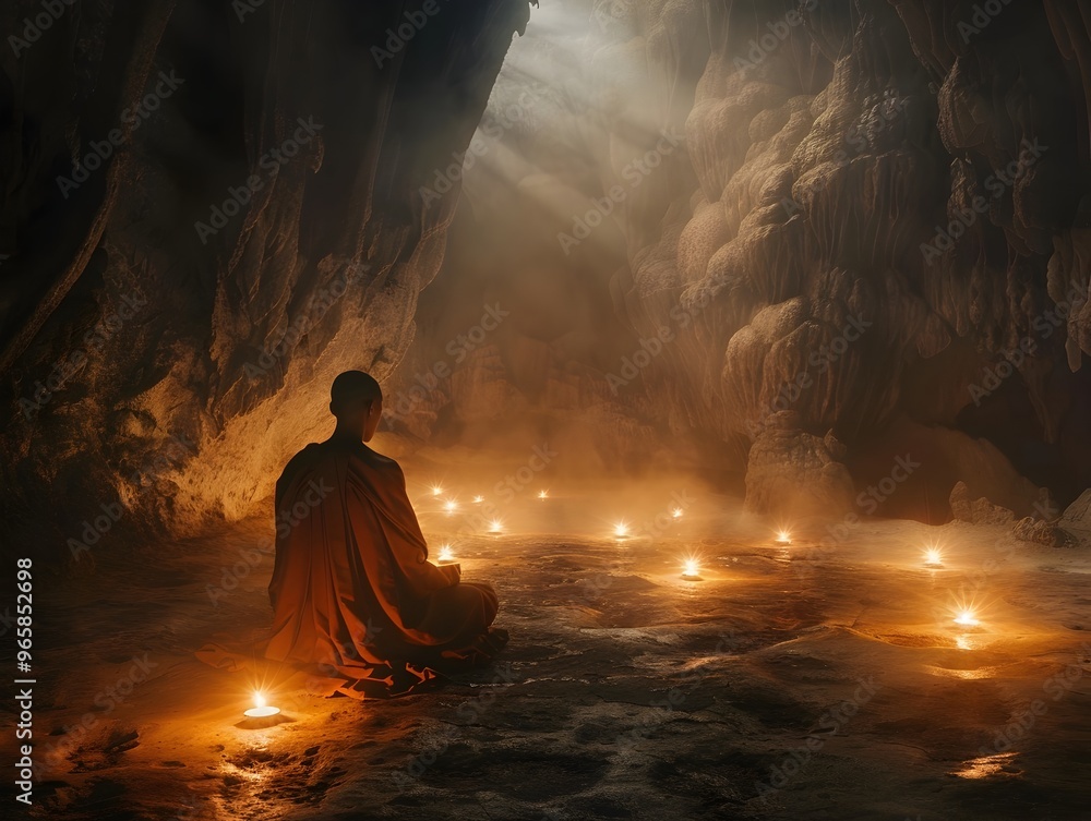 Poster monk in meditative trance inside candlelit ancient cave illuminating a mystical introspective scene
