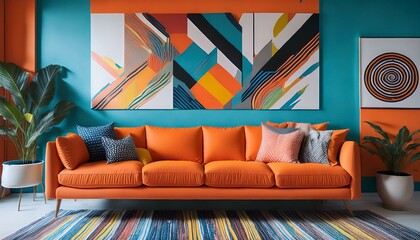 Modern Pop Art Interior Design with Bright Expressive Colours in Colorful Living Room Featuring...