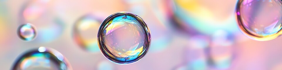 Floating soap bubbles with iridescent colors.
