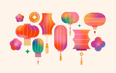 Chinese New Year icons, symbols and decorations. Abstract linear design, illustrations. Line art lanterns, flowers, clouds and frames. Collection of modern minimalist illustrations © Marina Zlochin
