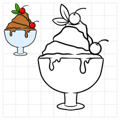 Object Coloring Book for Kids. Food Series - ice cream with cherries
