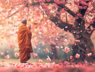 Fototapeta premium Monk Praying Under Cherry Blossom Tree with Falling Petals in Serene Landscape