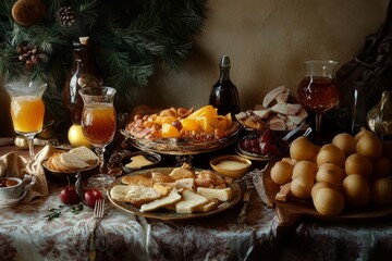 Fototapeta premium malta's mnarja, a still life of a festive table setting with traditional maltese foods, such as fenkata and ä§obå¼ malti