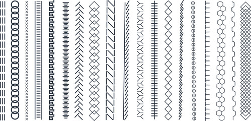 Vertical seamless stitches. Black embroidery zigzag, line and fringe border stitch patterns for textile design, sewing elements. Vector isolated set. Sewing machine endless seam, stitching dividers