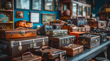 Naklejka premium Collection of vintage leather suitcases in an antique store display