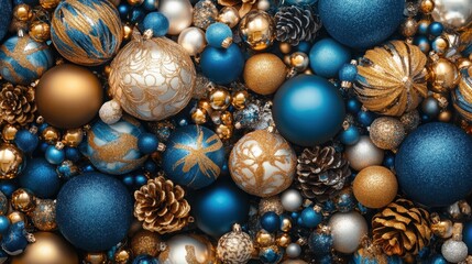 Colorful assortment of blue and gold holiday ornaments and pinecones arranged together for festive decoration