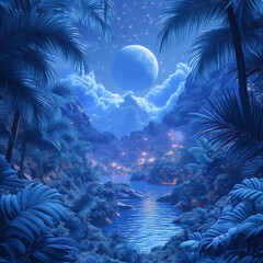 A blue sky with a large moon and a small planet