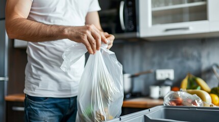 Man throwing garbage bag in recycling bin at home