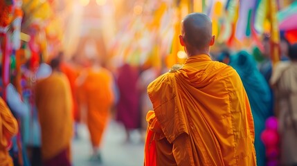 Obraz premium Colorful Monk Leading a Vibrant Festival Procession Celebrating Cultural and Spiritual Heritage