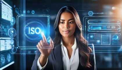 Person Touching Futuristic Screen Display Showing ISO Standards Quality Control and Assurance Technology for Business Processes