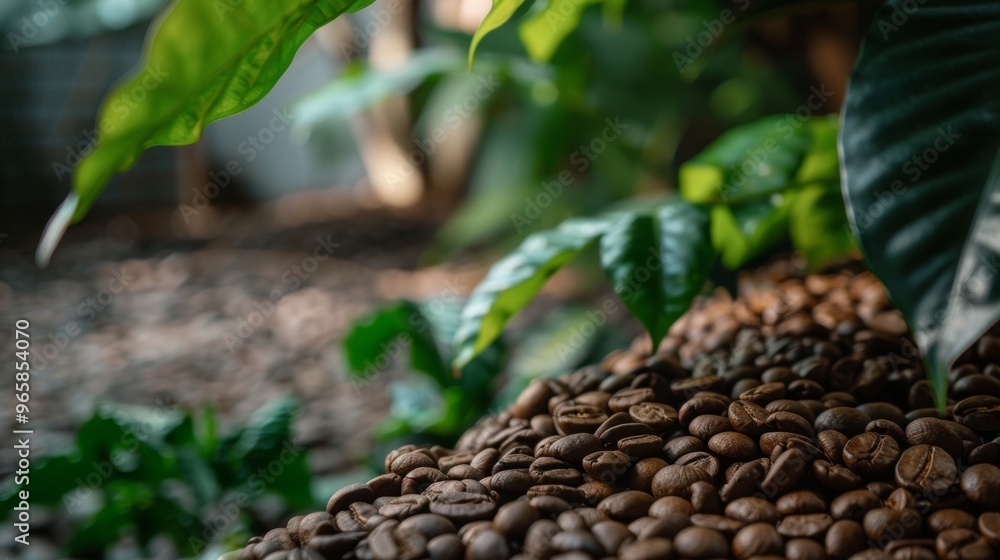 Wall mural Coffee beans in a natural setting surrounded by green leaves