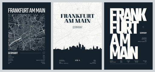 Set of travel posters with Frankfurt am Main, detailed urban street plan city map, Silhouette city skyline, vector artwork, set 2 © max_776