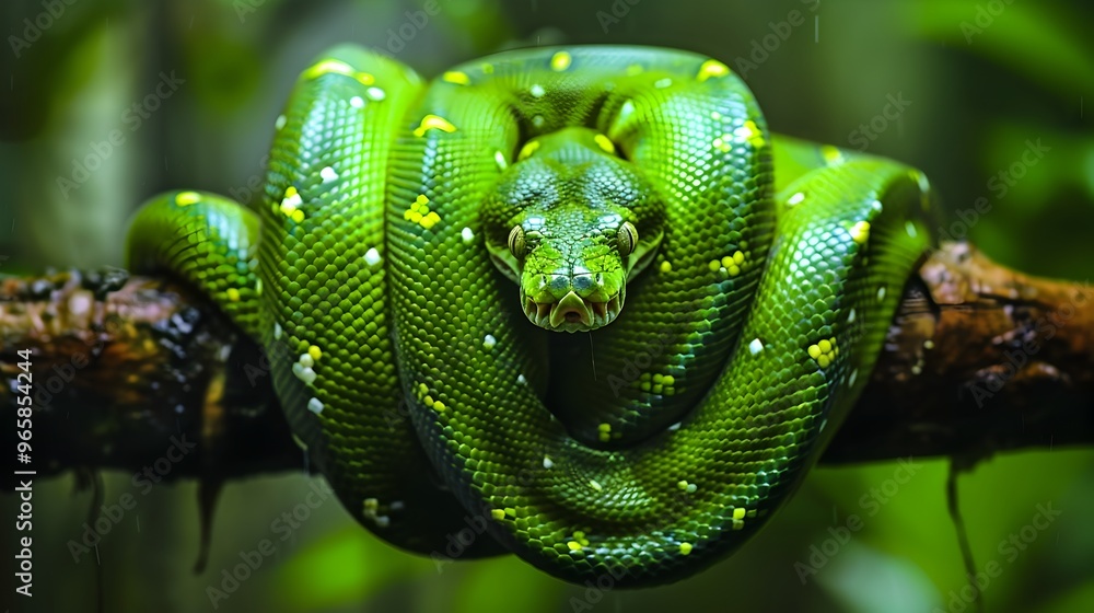 Poster vibrant green tree python coiled on branch in lush rainforest capturing predatory essence