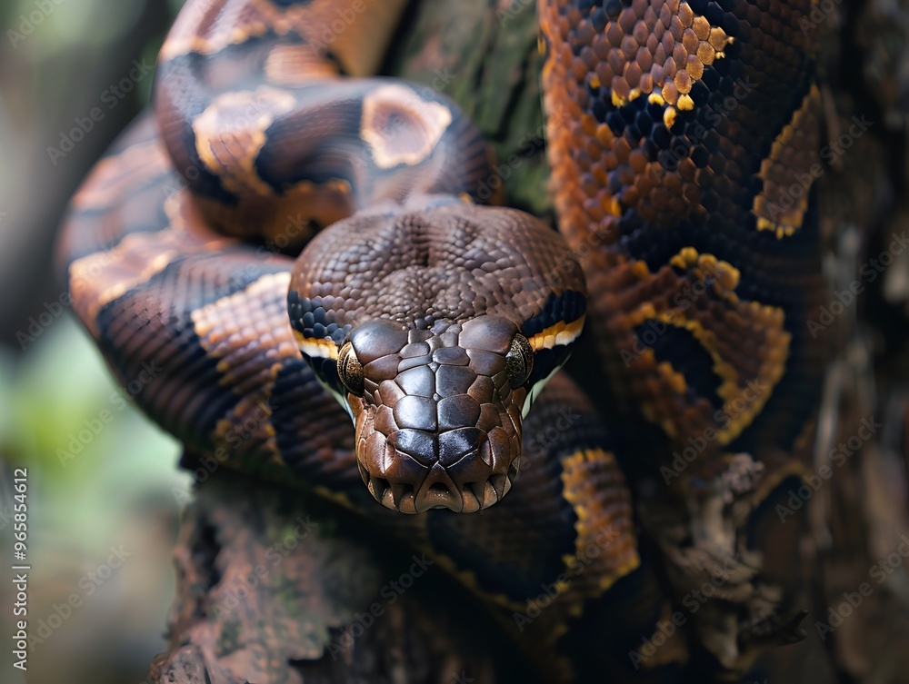 Poster coiled boa constrictor wrapped around tree trunk conveying raw power and precision