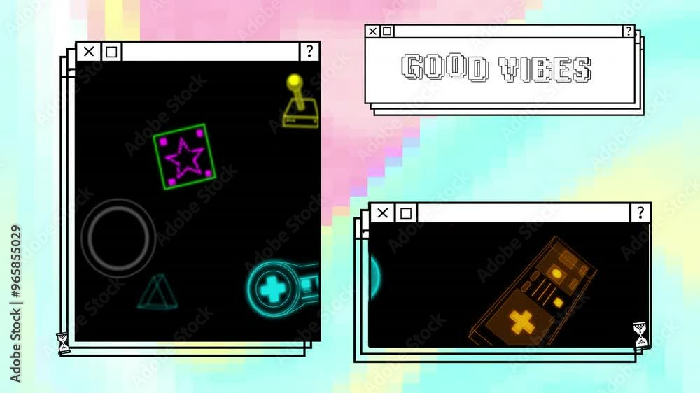 Poster Animation of digital interfaces with moving shapes and good vibes text on colourful background