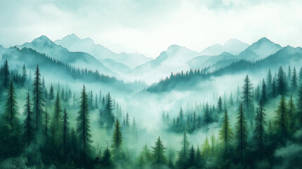 Obraz premium A mountain range covered in trees and fog