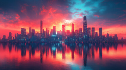 Fototapeta premium A city skyline is reflected in the water, with the sun setting in the background