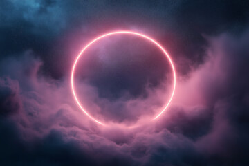 A glowing red circle is surrounded by a cloud of purple smoke
