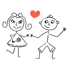 Boy and girl friendship on valentine's day. Hand drawing happy cute girl with flower and boy. Imitation of children's drawing. Vector isolated illustration for postcard with heart.