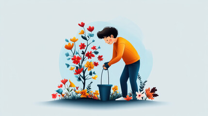 Colorful cartoon of a man watering flowers with a bucket, ideal for gardening, springtime, and environmental awareness themes.