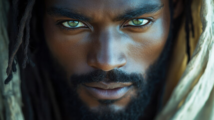Jesus Christ, depicted as a kind, dark-skinned man with green eyes and locks.
