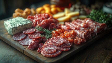 Obraz premium Engaging and Colorful Flat Lay of a Charcuterie Board Featuring Meats, Cheeses, and Fruits for Food Photography
