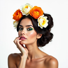 Naklejka premium A portrait of a woman with a striking appearance, wearing a vibrant floral crown of flowers.