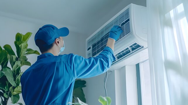 An air conditioning technician is repairing air conditioners in the room
