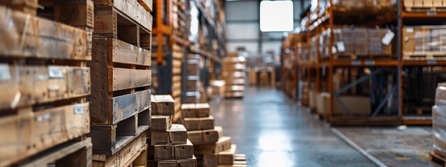 Warehouse storage area with wooden pallets and boxes