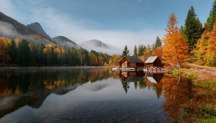 Obraz premium Tranquil Autumn Mountain Lake with Cabin and Reflective Waters in a Serene Forested Landscape with Misty Mountains