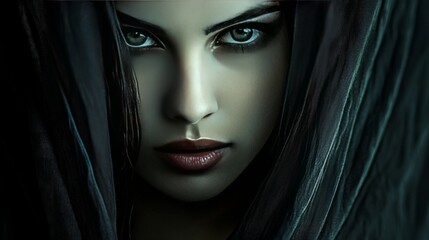 Mysterious woman with a knowing glance, her lips slightly parted as if about to reveal a hidden secret, dark and moody background