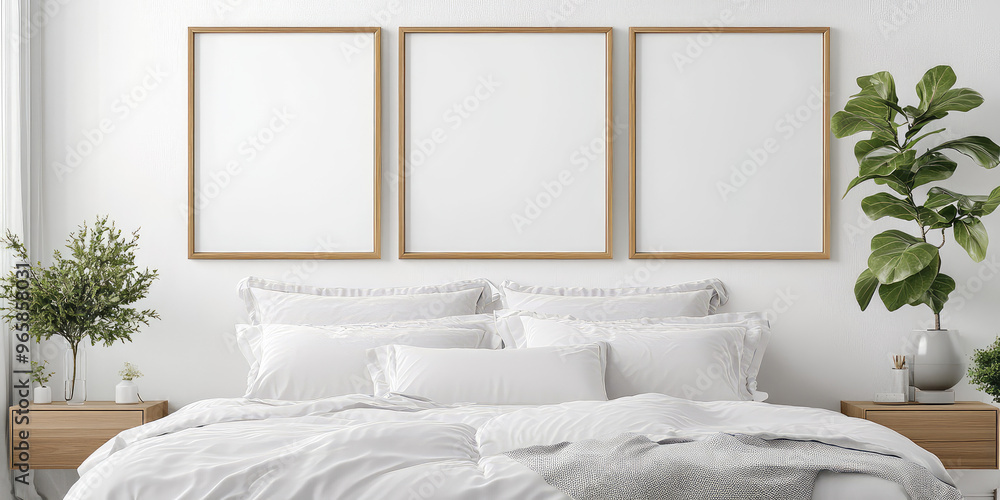 Wall mural mock up white blank painting in wooden frame, cozy modern minimal bedroom interior background. templ