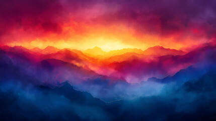 Obraz premium A painting of a mountain range with a bright orange sun in the sky