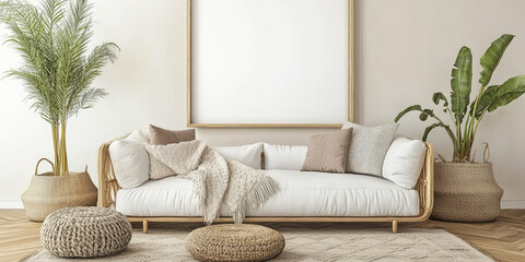 Mock up white blank painting in wooden frame, cozy modern minimal living room interior background. Template for the picture