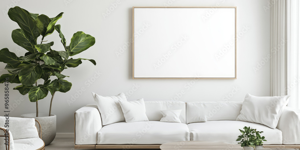 Wall mural mock up white blank painting in wooden frame, cozy modern minimal living room interior background. t