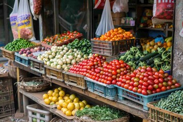 Colorful Fresh Vegetables on Display at Farmers Market Stall