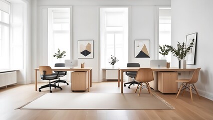 Fototapeta premium Discover the serene elegance of Scandinavian design with this modern office space, perfectly blending functionality and style.