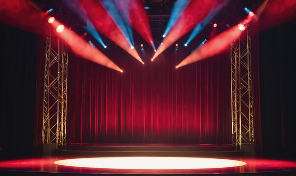 Red and blue stage lights shine on a red velvet curtain