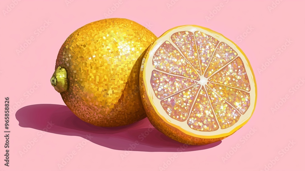 Poster a glittering lemon and its sliced half resting on a soft pink background