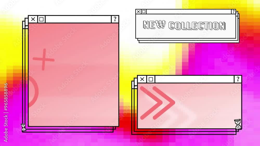 Poster animation of digital interfaces with moving shapes and new collection text on colourful background