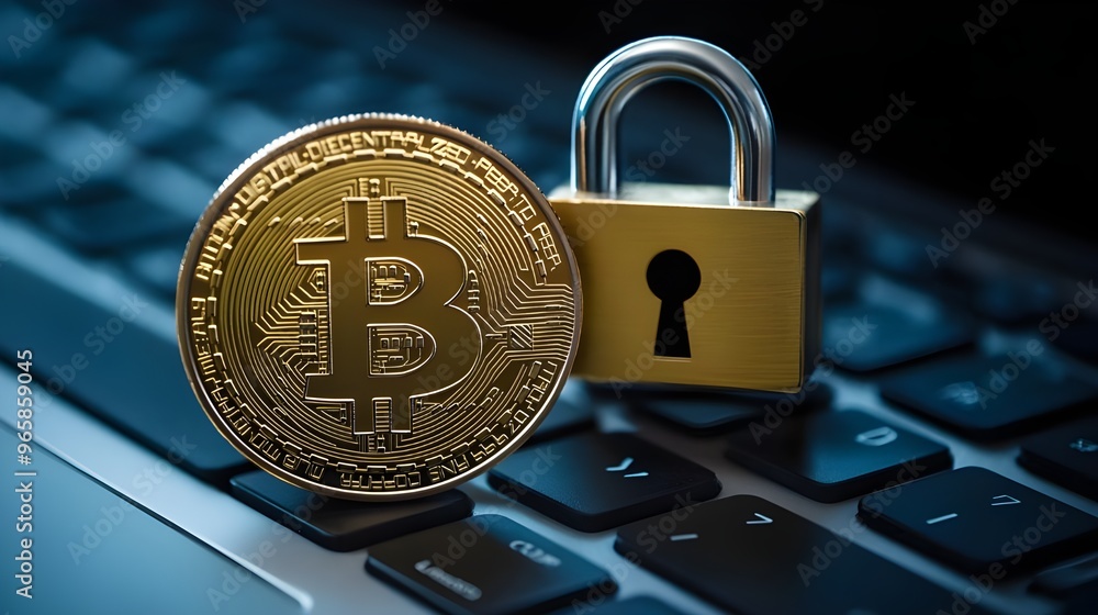 Poster a high-quality photo of a coin next to a digital security padlock on a laptop keyboard, representing