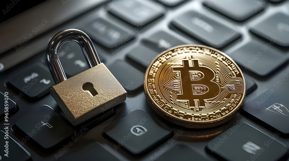 Poster a high-quality photo of a coin next to a digital security padlock on a laptop keyboard, representing