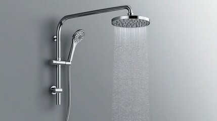 Metal shower head and tap with falling water isolated on transparent background. Vector realistic set of chrome sprinkler with hose and faucet with water spray. Equipment for douche and bath